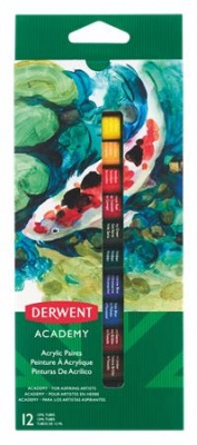 Akrylová farba, 12 ml, DERWENT "Academy", 12 rôznych farieb