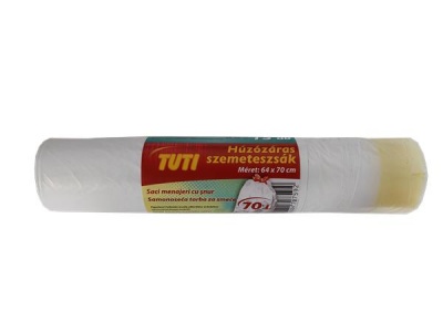 Vrecia na odpadky, zaťahovacie, 70 l, 15 ks, 64x70 cm, 14 µ, TUTI, biela