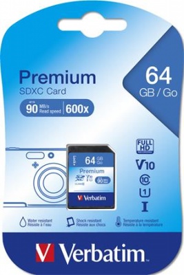Pamäťová karta, SDXC, 64GB, CL10/U1, 90/10 MB/s, VERBATIM "Premium"
