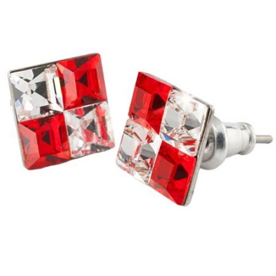 Náušnice, štvorcové, s light siam červeným a bielym krištáľom SWAROVSKI®, 8 mm, ART CRYSTELLA®