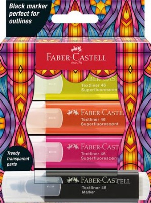 Zvýrazňovač, sada, FABER-CASTELL "Glassy", 3 rôzne neónové farby + čierna