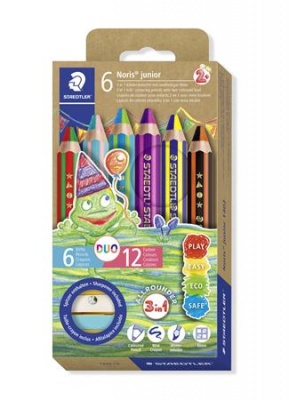 Farebné ceruzky, sada, dvojfarebné, so strúhadlom, STAEDTLER "Noris® junior 140", 6 rôznych farieb