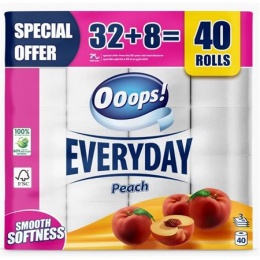 Toaletný papier, 3-vrstvový, malý kotúč, 32+8 kotúčov, OOOPS "Classic", broskyňa