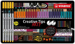 Liner, sada, kovová krabička, STABILO "Creative Tips ARTY", 10 rôznych farieb, 5 rôznych hrúbok